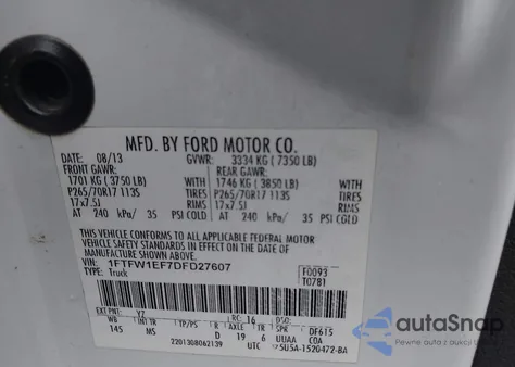 2013 Ford F150 Xlt z USA, uszkodzony, nr VIN 1FTFW1EF7DFD27607